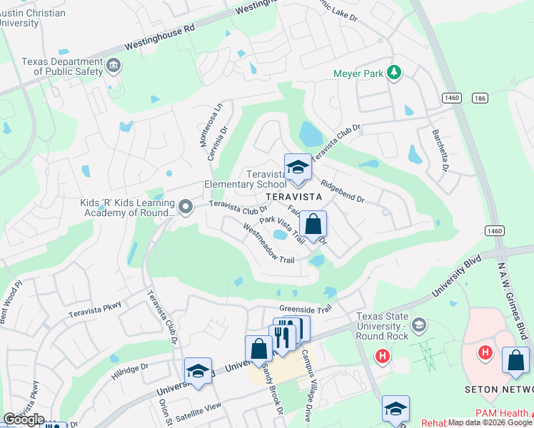 map of restaurants, bars, coffee shops, grocery stores, and more near 1702 Park Vista Trail in Round Rock