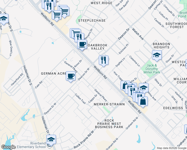 map of restaurants, bars, coffee shops, grocery stores, and more near 115 Kimber Lane in College Station