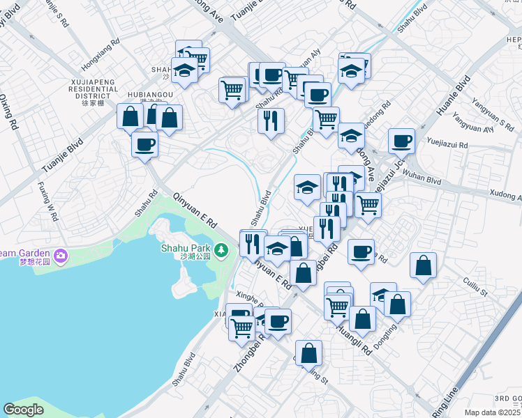 map of restaurants, bars, coffee shops, grocery stores, and more near Sha Hu Da Dao in Wu Han Shi