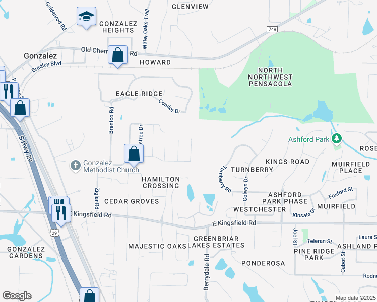 map of restaurants, bars, coffee shops, grocery stores, and more near 1821 Shady Creek Drive in Cantonment