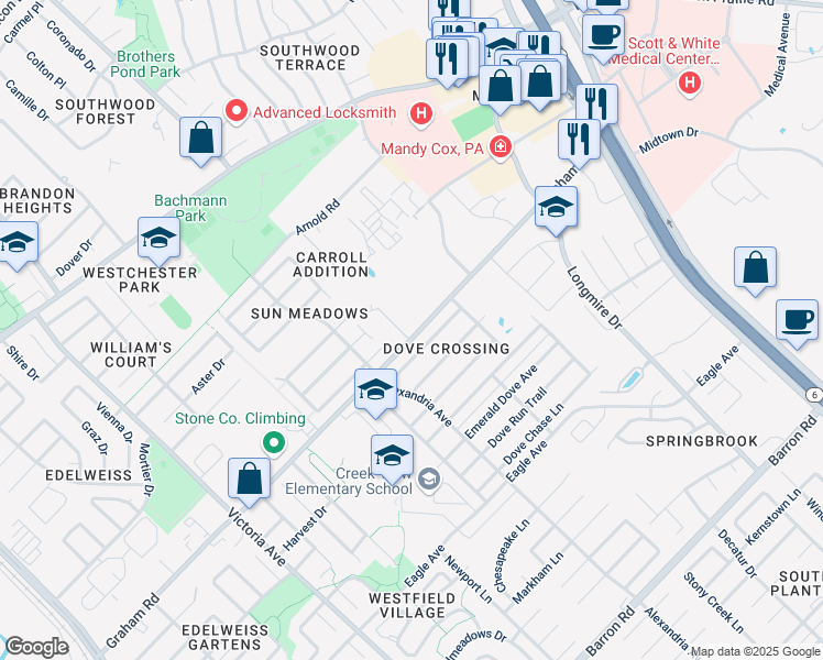 map of restaurants, bars, coffee shops, grocery stores, and more near 3625 Glenna Court in College Station