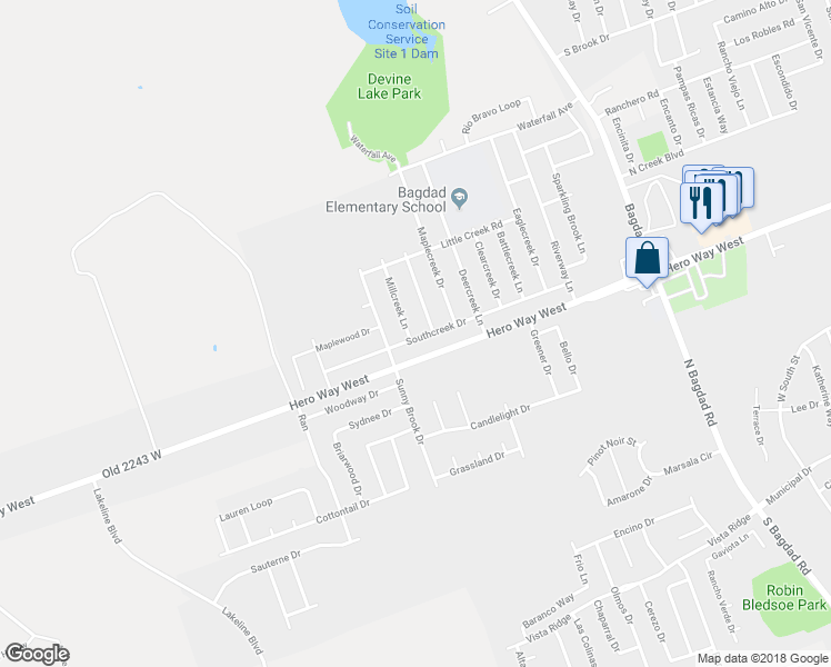 map of restaurants, bars, coffee shops, grocery stores, and more near 500 Millcreek Lane in Leander