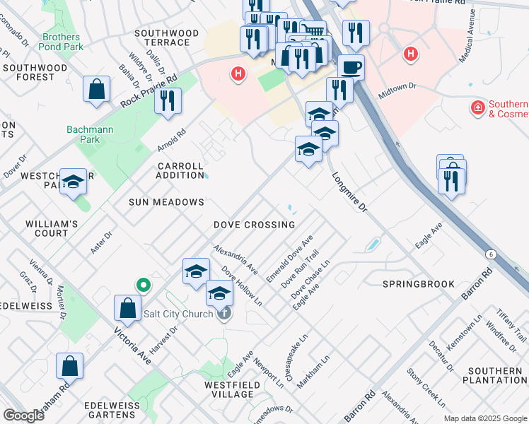map of restaurants, bars, coffee shops, grocery stores, and more near 935 Crystal Dove Avenue in College Station