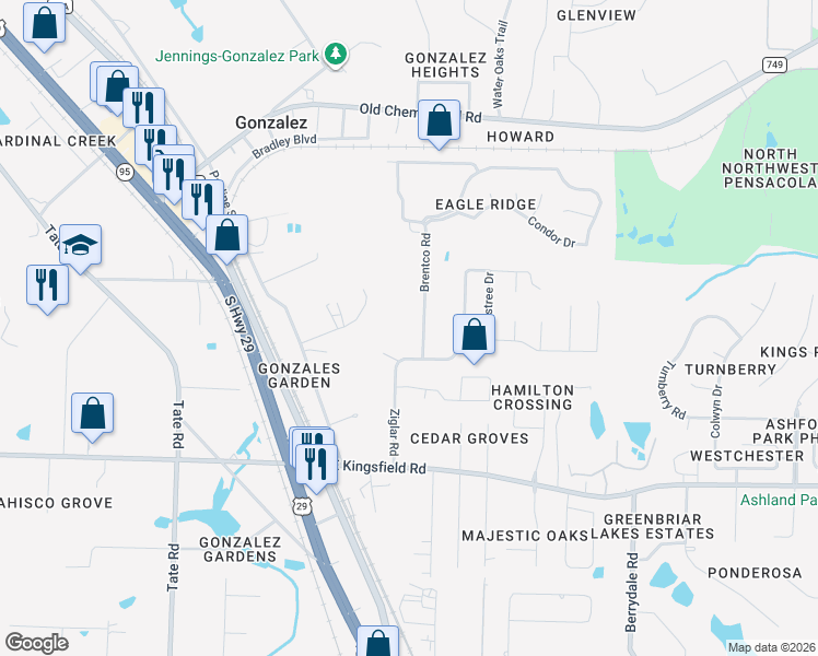 map of restaurants, bars, coffee shops, grocery stores, and more near 1965 Brentco Road in Gonzalez
