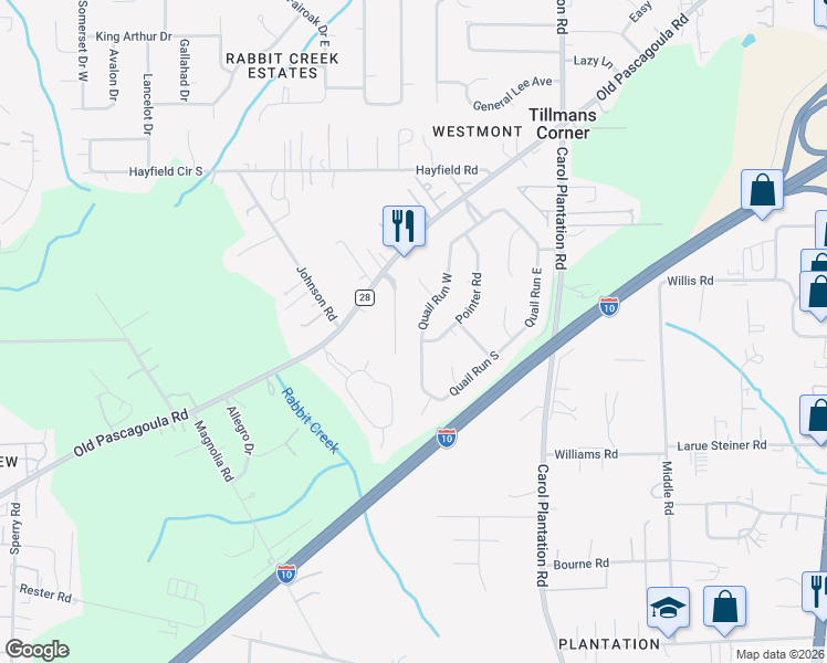 map of restaurants, bars, coffee shops, grocery stores, and more near 5566 Quail Run West in Theodore
