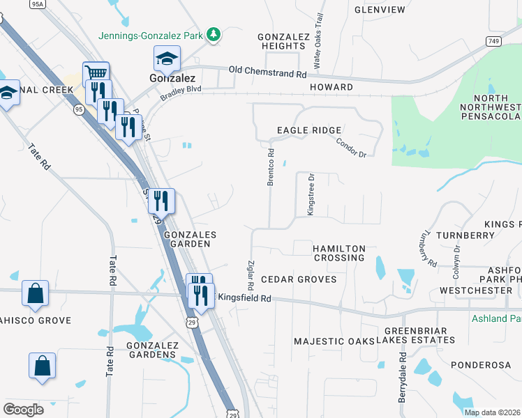 map of restaurants, bars, coffee shops, grocery stores, and more near 1965 Brentco Road in Cantonment