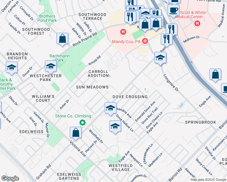 map of restaurants, bars, coffee shops, grocery stores, and more near 3616 Glenna Court in College Station