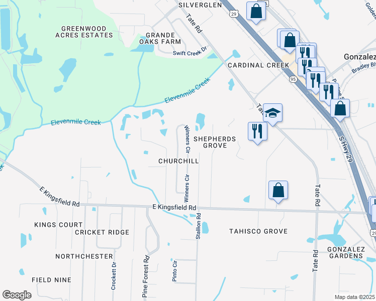 map of restaurants, bars, coffee shops, grocery stores, and more near 1965 Winners Circle in Gonzalez