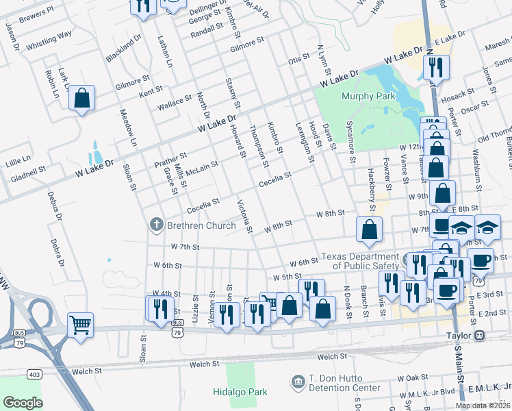 map of restaurants, bars, coffee shops, grocery stores, and more near 915 Howard Street in Taylor