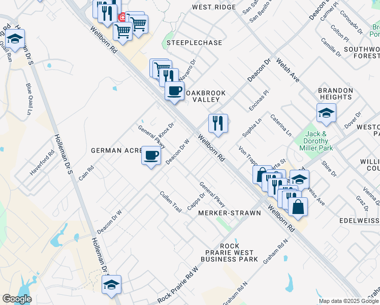 map of restaurants, bars, coffee shops, grocery stores, and more near 115 Kimber Lane in College Station