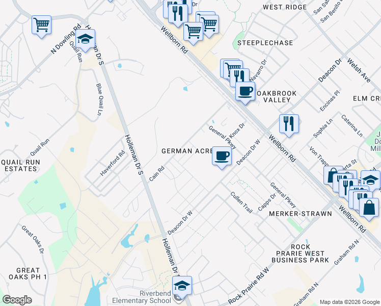 map of restaurants, bars, coffee shops, grocery stores, and more near 319 Newcomb Lane in College Station
