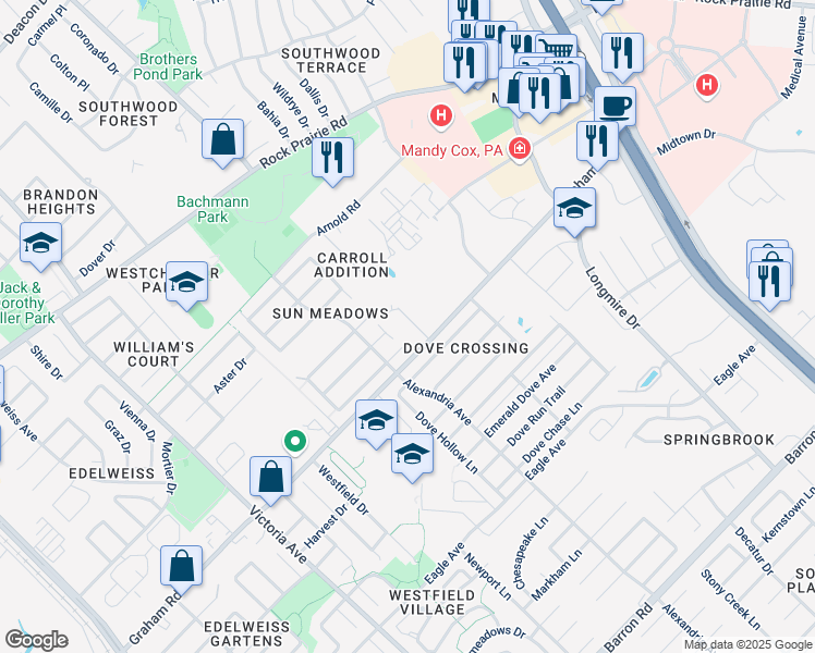 map of restaurants, bars, coffee shops, grocery stores, and more near 3620 Glenna Court in College Station