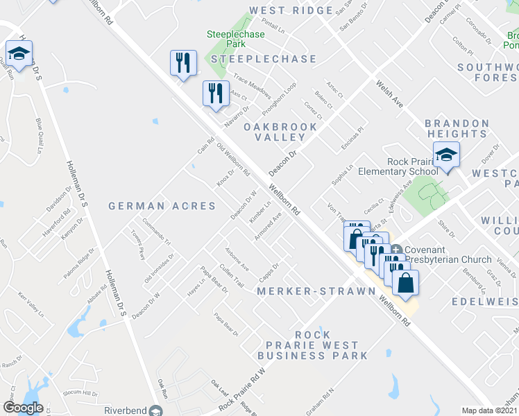 map of restaurants, bars, coffee shops, grocery stores, and more near 115 Kimber Lane in College Station
