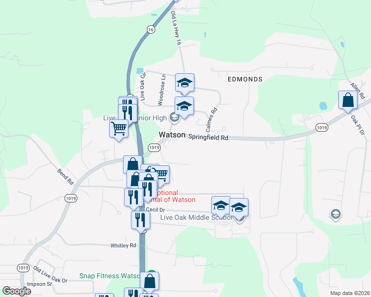 map of restaurants, bars, coffee shops, grocery stores, and more near 8124 Springfield Road in Denham Springs