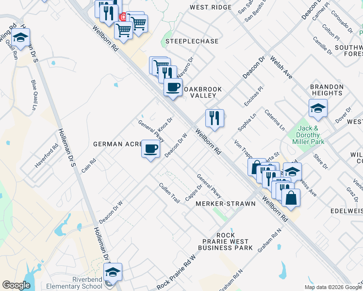 map of restaurants, bars, coffee shops, grocery stores, and more near 137 Deacon West Drive in College Station