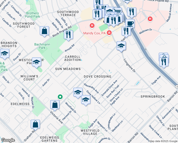 map of restaurants, bars, coffee shops, grocery stores, and more near 3621 Glenna Court in College Station