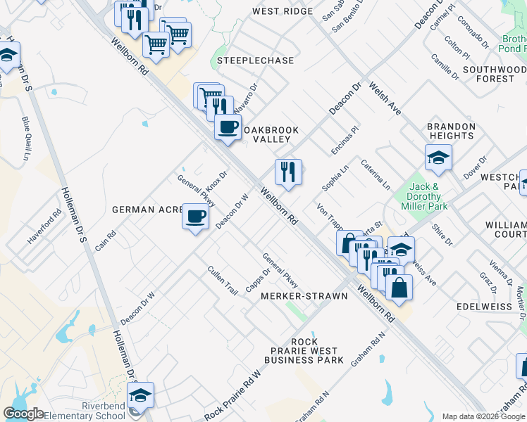 map of restaurants, bars, coffee shops, grocery stores, and more near 115 Kimber Lane in College Station