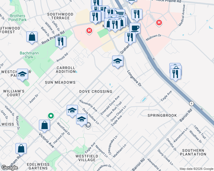 map of restaurants, bars, coffee shops, grocery stores, and more near 3723 Dove Crossing Lane in College Station