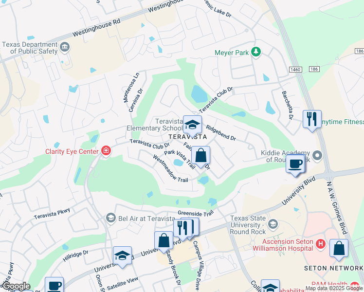 map of restaurants, bars, coffee shops, grocery stores, and more near 4228 Park Vista Trail in Round Rock