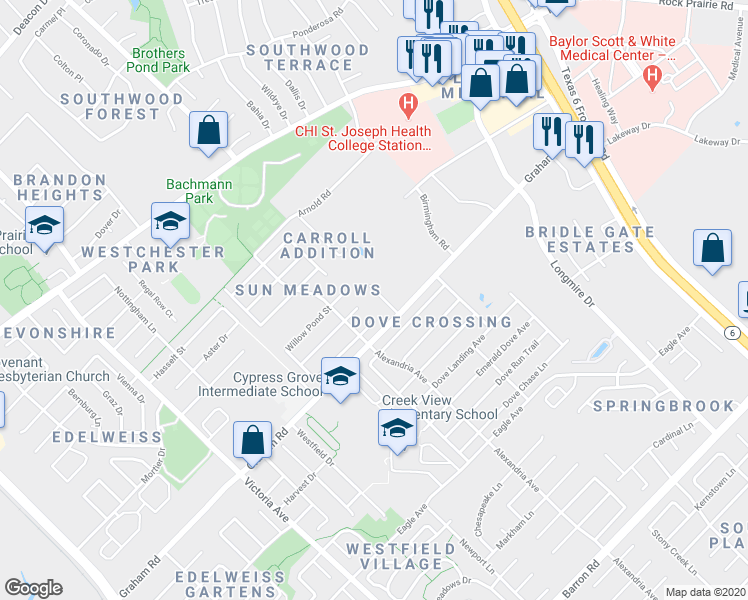 map of restaurants, bars, coffee shops, grocery stores, and more near 3612 Glenna Court in College Station