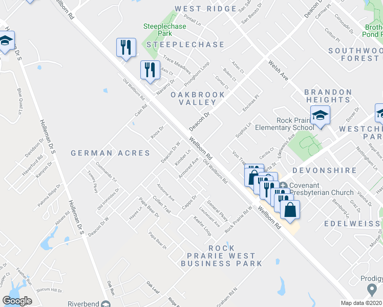map of restaurants, bars, coffee shops, grocery stores, and more near 115 Kimber Lane in College Station