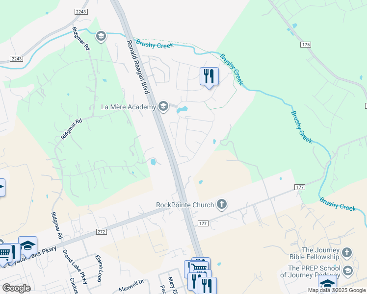 map of restaurants, bars, coffee shops, grocery stores, and more near 1325 Brome Drive in Leander