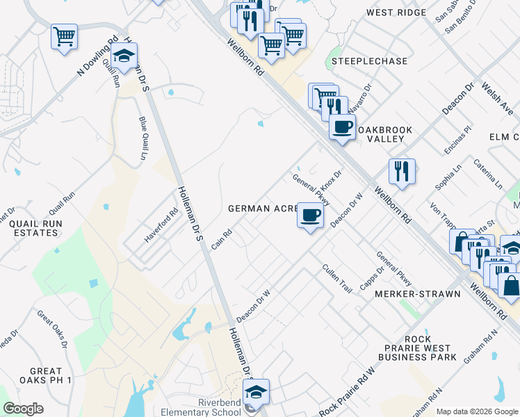 map of restaurants, bars, coffee shops, grocery stores, and more near 3131-3237 Cain Road in College Station