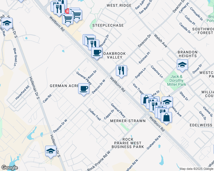 map of restaurants, bars, coffee shops, grocery stores, and more near 115 Kimber Lane in College Station