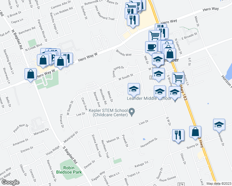 map of restaurants, bars, coffee shops, grocery stores, and more near 205 Bluebonnet Tr in Leander