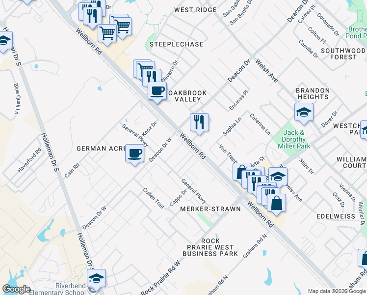map of restaurants, bars, coffee shops, grocery stores, and more near 115 Kimber Lane in College Station