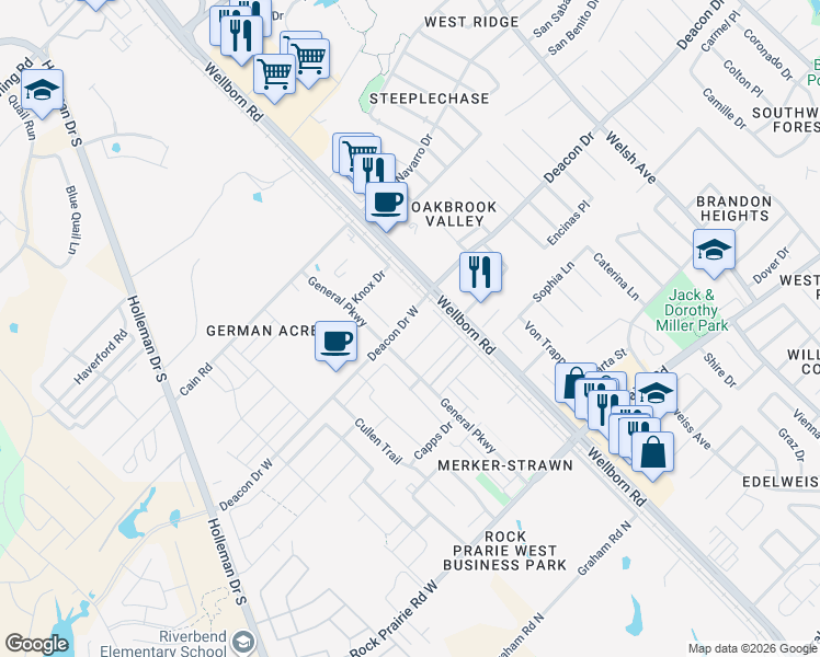 map of restaurants, bars, coffee shops, grocery stores, and more near 137 Deacon West Drive in College Station