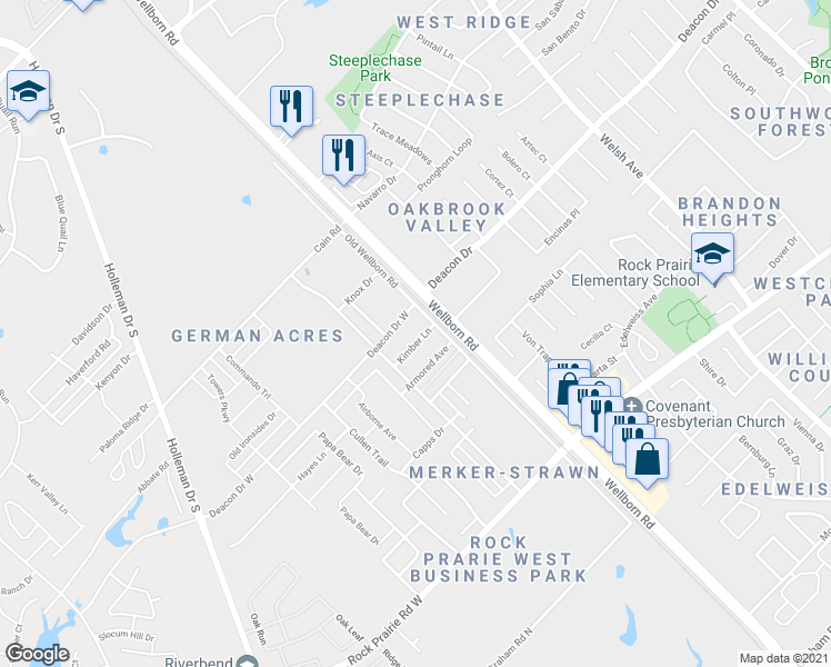 map of restaurants, bars, coffee shops, grocery stores, and more near 115 Kimber Lane in College Station
