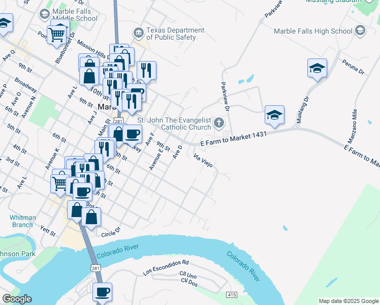 map of restaurants, bars, coffee shops, grocery stores, and more near 200 Vía Viejo in Marble Falls