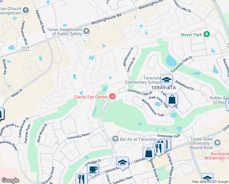 map of restaurants, bars, coffee shops, grocery stores, and more near 4341 Teravista Club Drive in Round Rock