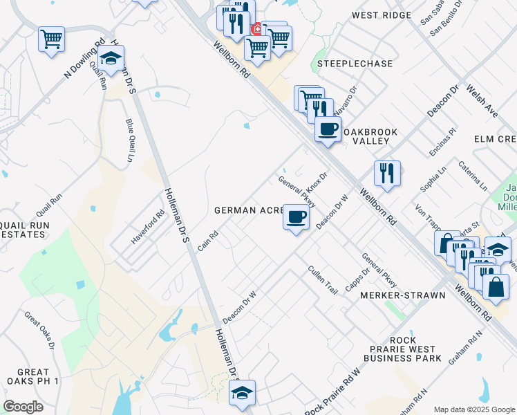 map of restaurants, bars, coffee shops, grocery stores, and more near 319 Newcomb Lane in College Station