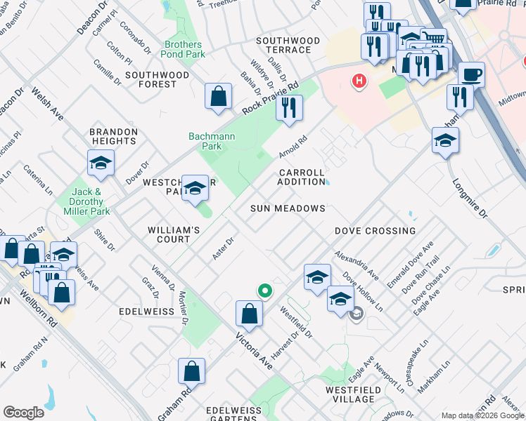 map of restaurants, bars, coffee shops, grocery stores, and more near 909 Orchid Street in College Station