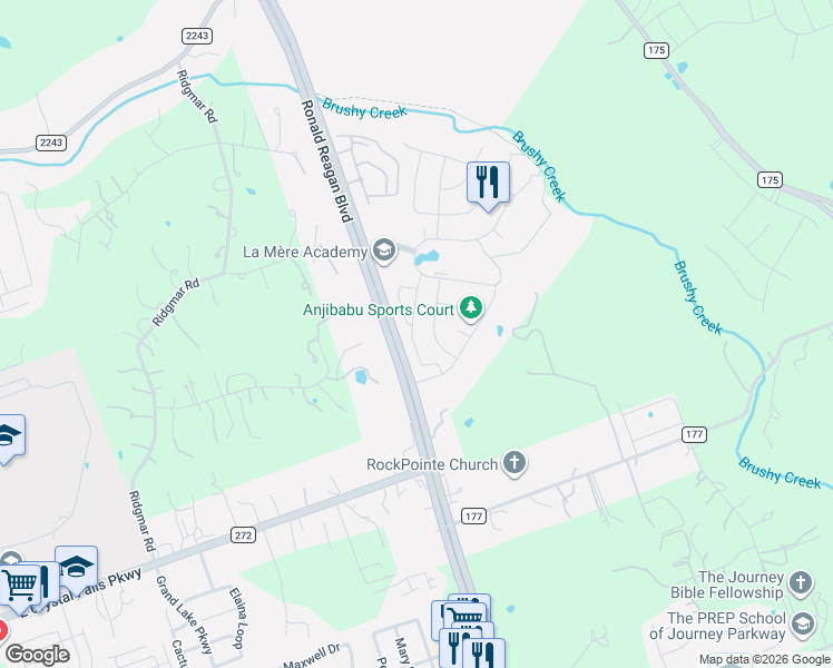 map of restaurants, bars, coffee shops, grocery stores, and more near 1325 Brome Drive in Leander