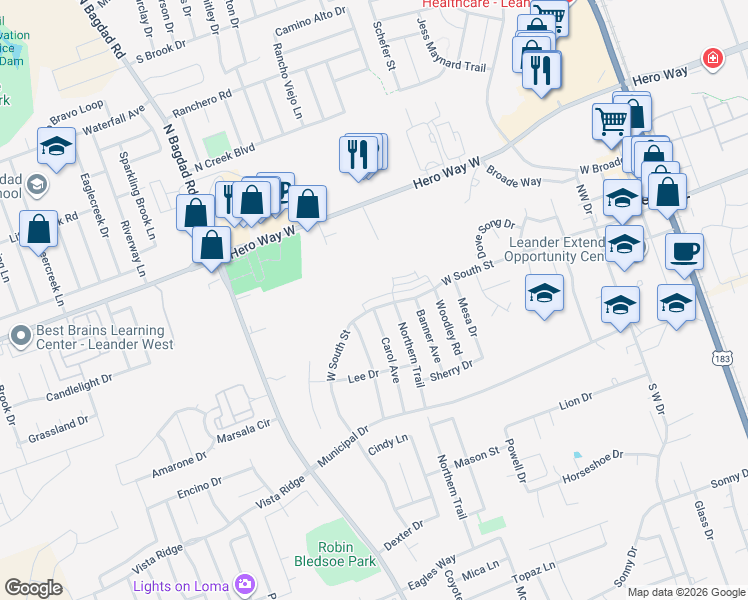 map of restaurants, bars, coffee shops, grocery stores, and more near 807 West South Street in Leander