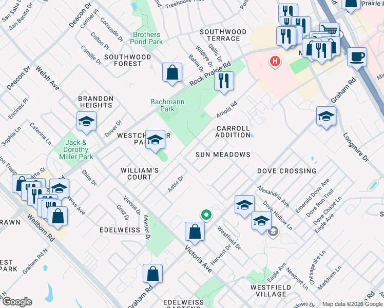 map of restaurants, bars, coffee shops, grocery stores, and more near 3510 Wild Plum Street in College Station