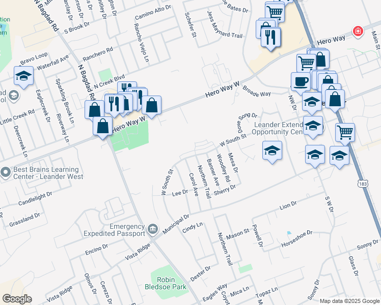 map of restaurants, bars, coffee shops, grocery stores, and more near 105 Northern Trail in Leander
