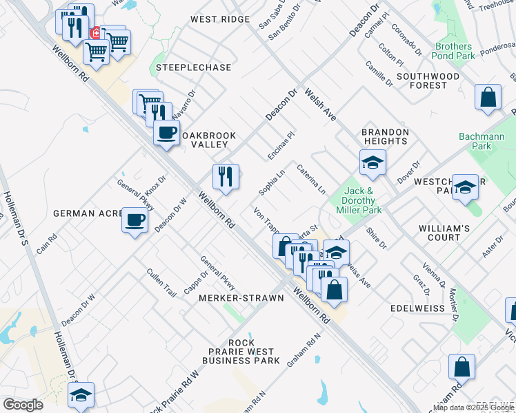 map of restaurants, bars, coffee shops, grocery stores, and more near 3211 Von Trapp Lane in College Station