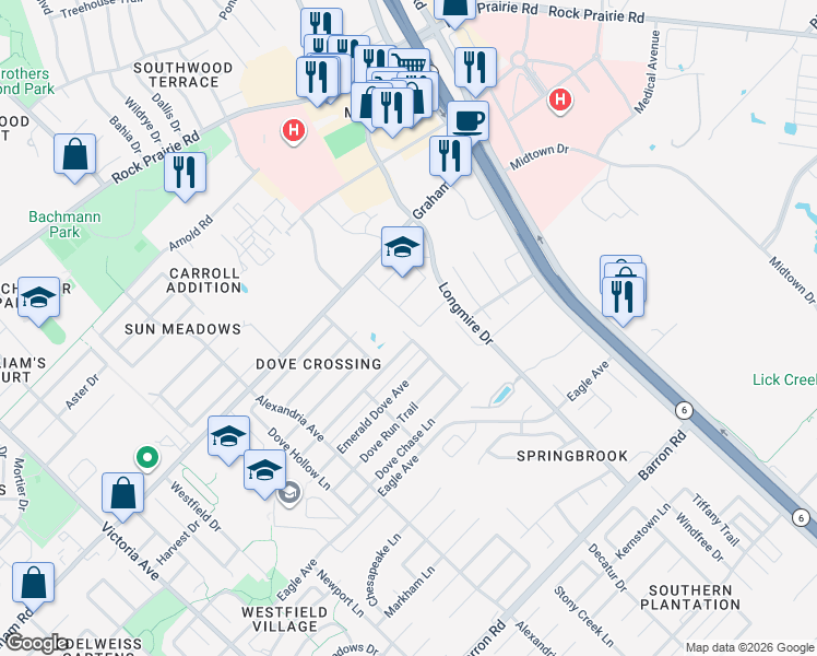 map of restaurants, bars, coffee shops, grocery stores, and more near 954 Dove Landing Avenue in College Station