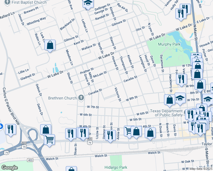map of restaurants, bars, coffee shops, grocery stores, and more near 1431 Cecelia Street in Taylor