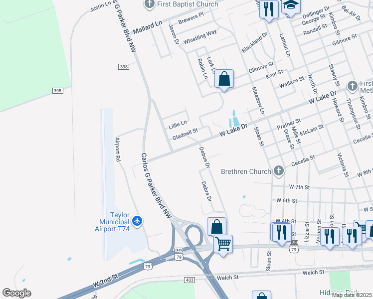 map of restaurants, bars, coffee shops, grocery stores, and more near 2313 West Lake Drive in Taylor