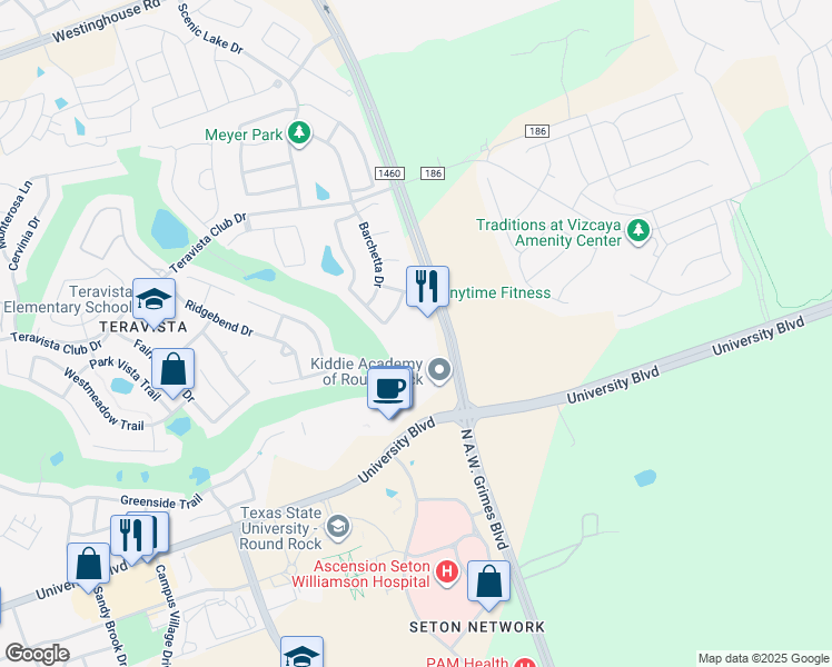 map of restaurants, bars, coffee shops, grocery stores, and more near 4350 Green Tree Drive in Round Rock