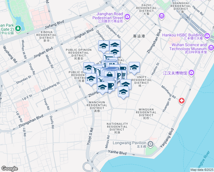 map of restaurants, bars, coffee shops, grocery stores, and more near Zhong Shan Da Dao in Wuhan Shi