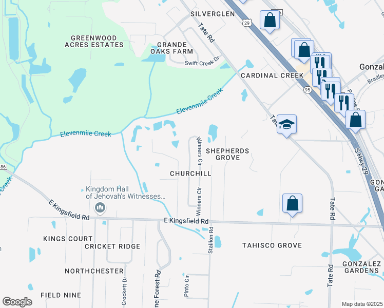 map of restaurants, bars, coffee shops, grocery stores, and more near 2031 Winners Circle in Cantonment