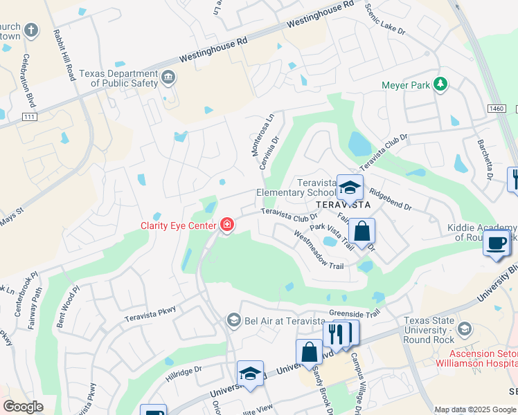 map of restaurants, bars, coffee shops, grocery stores, and more near 4492 Cervinia Drive in Round Rock