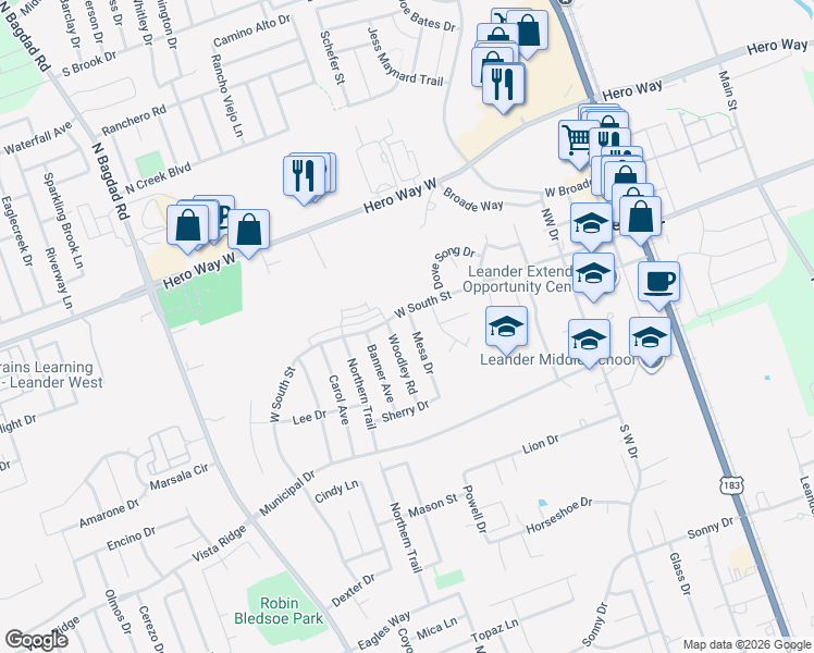map of restaurants, bars, coffee shops, grocery stores, and more near 105 Mesa Drive in Leander