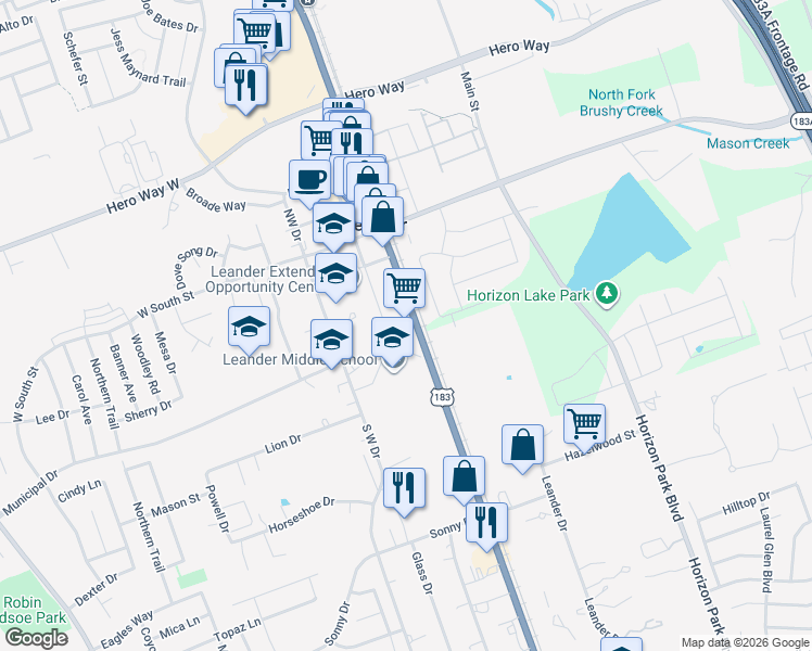 map of restaurants, bars, coffee shops, grocery stores, and more near 307 U.S. 183 in Leander